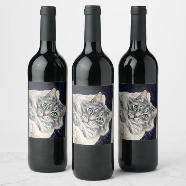 Rose a Cat with Striking Green Eyes Wine Label (Bottles)
