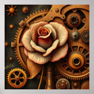 Rose among old mechanical gears steampunk style poster