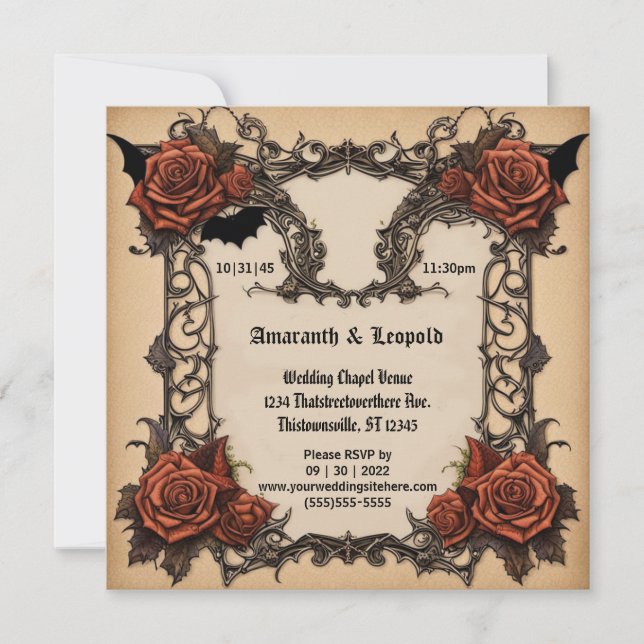 Rose and Batwing Lattice Goth Halloween Wedding Invitation (Front)
