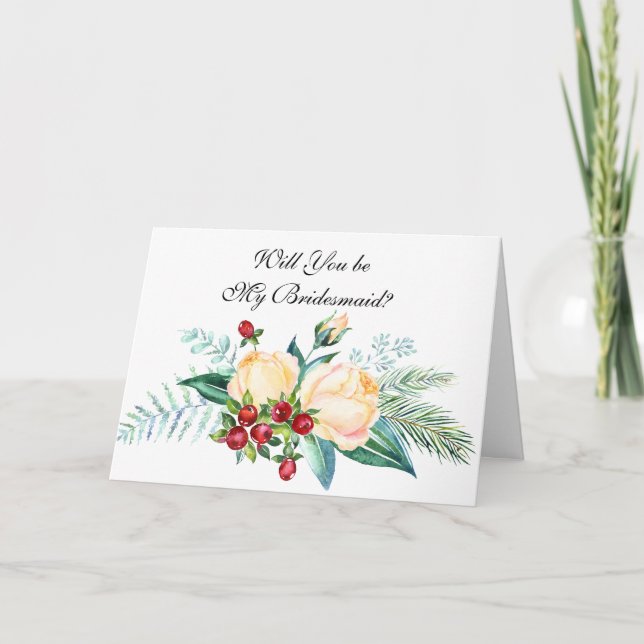 Rose and Berry Stems Will You Be My Bridesmaid? Card (Front)