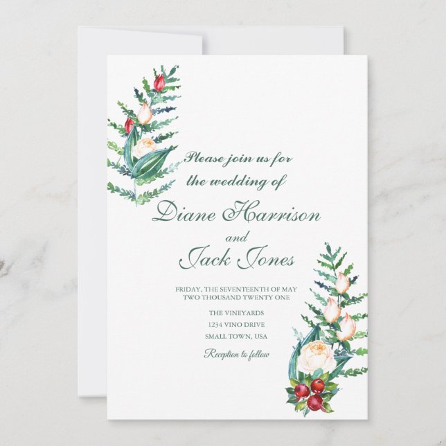 Rose and Berry Watercolor Stems Invitation (Front)