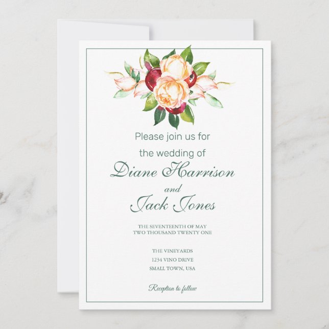 Rose and Berry Watercolor Stems Invitation (Front)