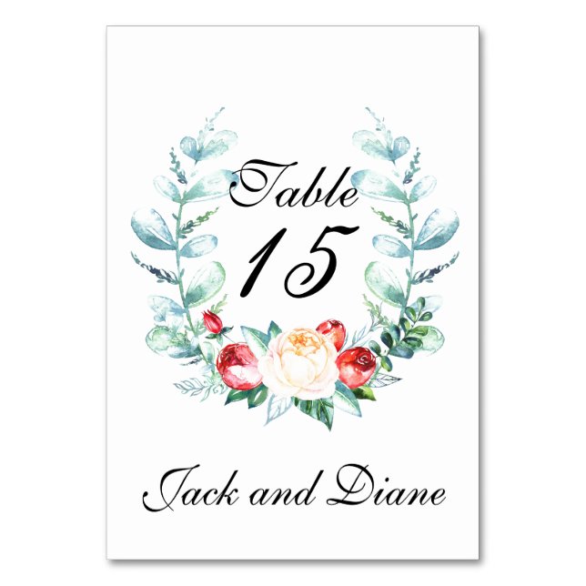 Rose and Berry Watercolor Stems Table Number (Front)