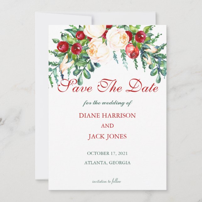 Rose and Berry Watercolor Stems Wedding Invitation (Front)