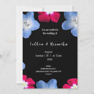 Rose and blue flower on black invitation