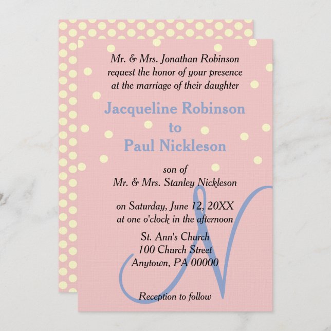 Rose and Blue Monogram Wedding Polka Dots Invitation (Front/Back)