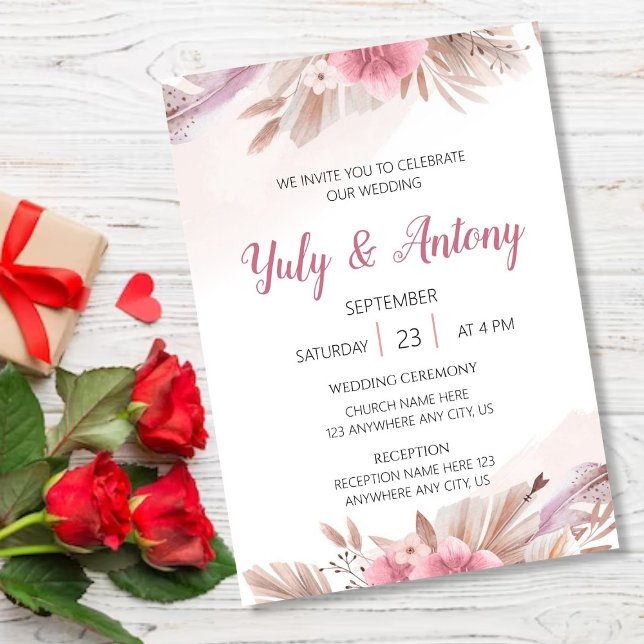 Rose and Champagne Boho Chic Floral Invitation (Tarjeta de invitacion flores beige, marron y rosado)