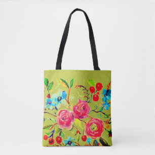 Rose and Cherry Blossom Chartreuse Tote Bag