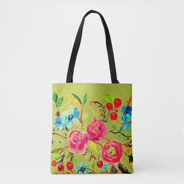 Rose and Cherry Blossom Chartreuse Tote Bag (Front)