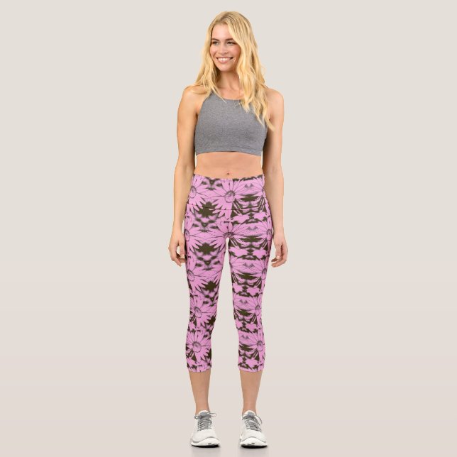 Rose and Chocolate Cone Flower Pattern Capri Leggings (Front)