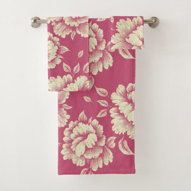 Rose and Cream Peony Toile - French Country Decor Bath Towel Set (Insitu)