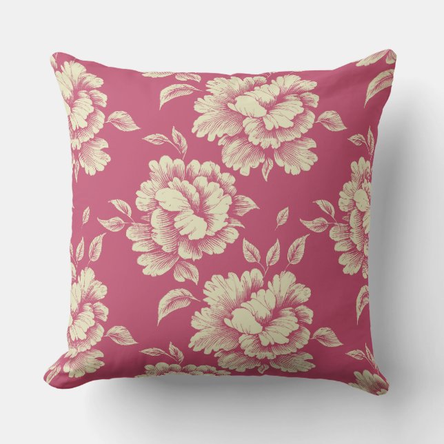 Rose and Cream Peony Toile - French Country Decor Cushion (Front)