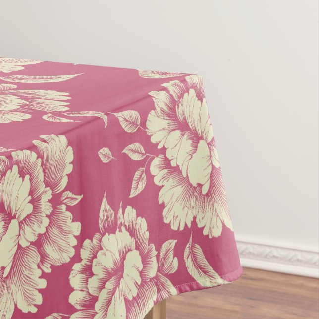Rose and Cream Peony Toile - French Country Decor Tablecloth (In Situ)