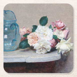 Rose and Glass Jug, Henri Fantin-Latour Square Paper Coaster