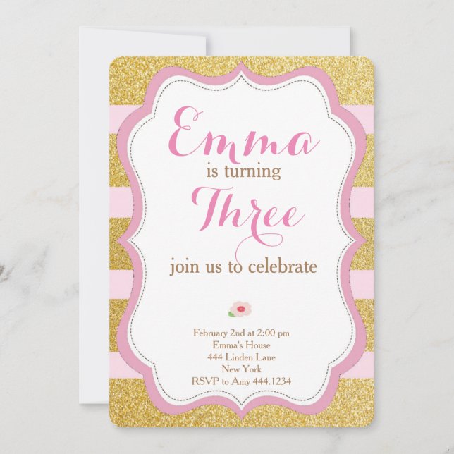 Rose and Gold First Birthday Invitation (Front)