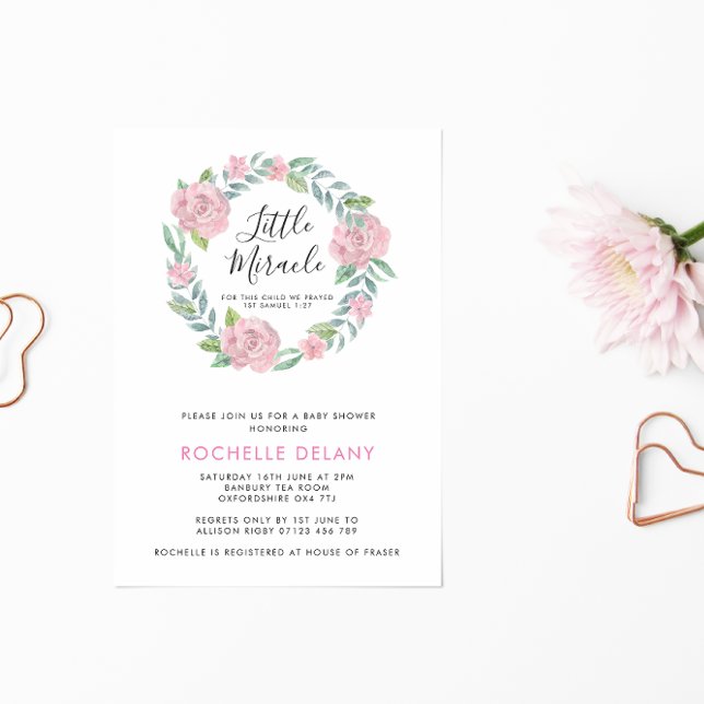 Rose and Leaves Wreath Little Miracle Baby Shower Invitation (Creator Uploaded)