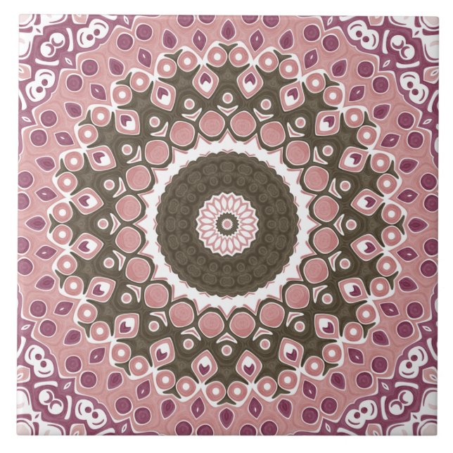 Rose and Mocha Mandala Pattern Floral Geometry Tile (Front)
