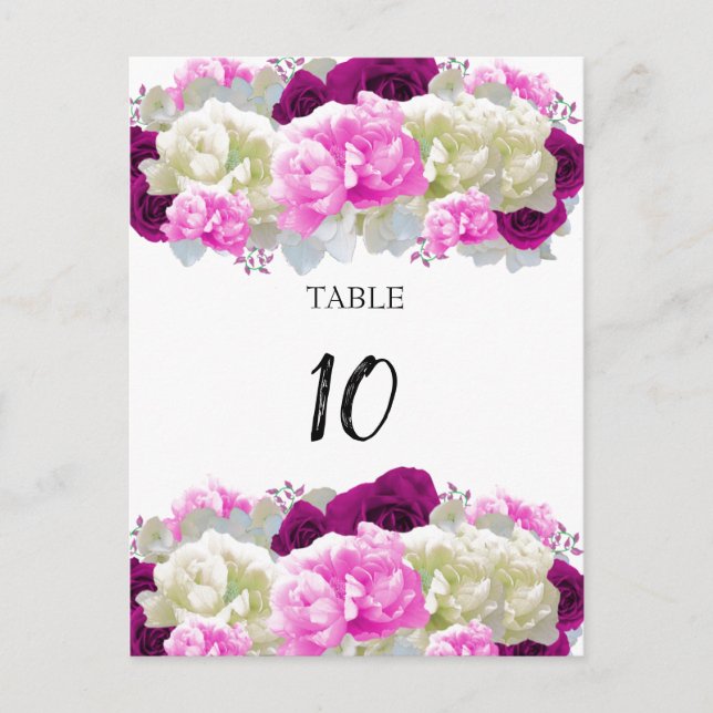 Rose and Peonies Pink Table Seating Number Card (Front)