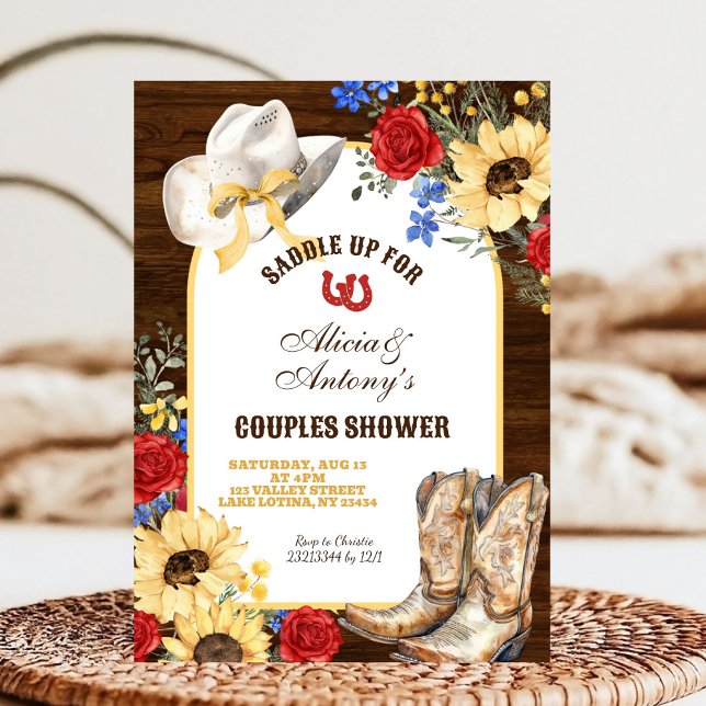 Rose and Sunflower Rustic Boots Couple Shower Invitation (Creator Uploaded)