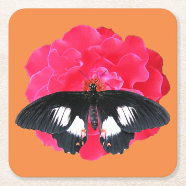Rose and Swallowtail Square Paper Coaster (Front)