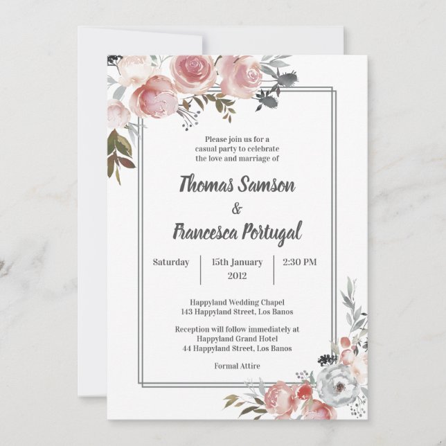 Rose and Thistle Watercolor Wedding Invitation (Front)
