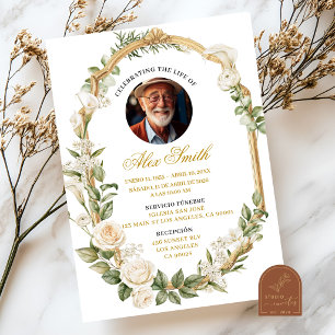 Rose and White Lily Funeral Memorial Service Invitation