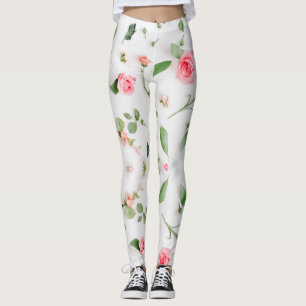 Rose and zinnia floral pattern on white background leggings