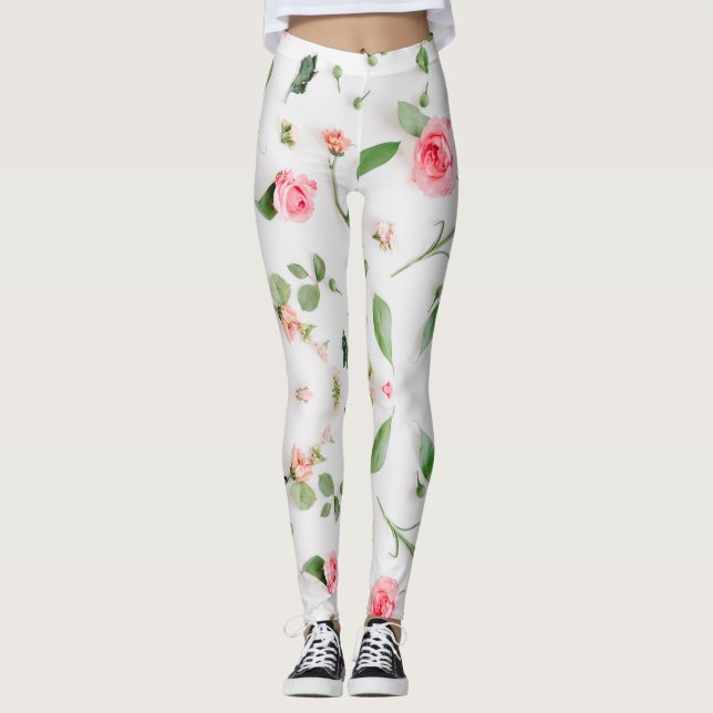 Rose and zinnia floral pattern on white background leggings (Front)