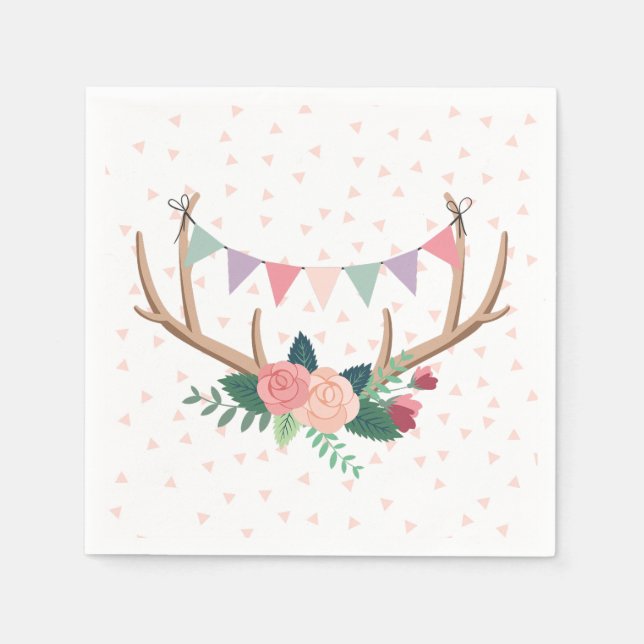 Rose Antlers & Party Bunting Girl's Birthday Napkin (Front)
