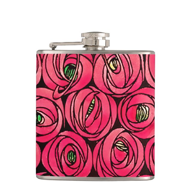 Rose Art Nouveau Rennie Macintosh Graphic Hip Flask (Front)