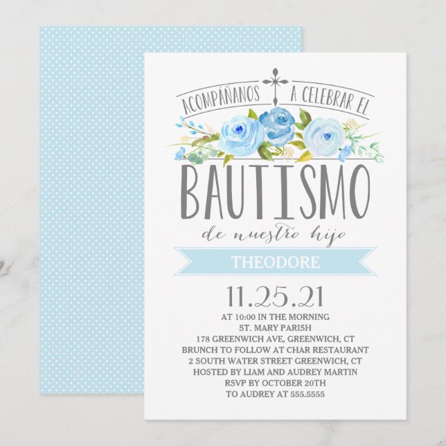 Rose Banner Blue | Spanish Bautismo Invitation (Front/Back)
