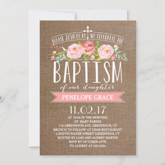 Rose Banner Burlap | Baptism Invitation (Front)