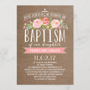 Rose Banner Burlap   Baptism Invitation