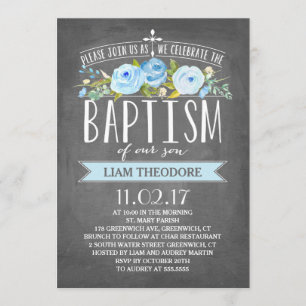 Rose Banner Chalkboard Blue Baptism Invitation