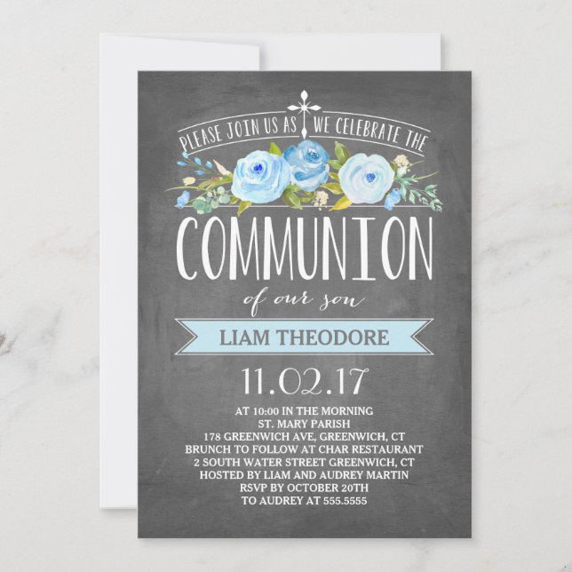 Rose Banner Chalkboard | Communion Invitation (Front)