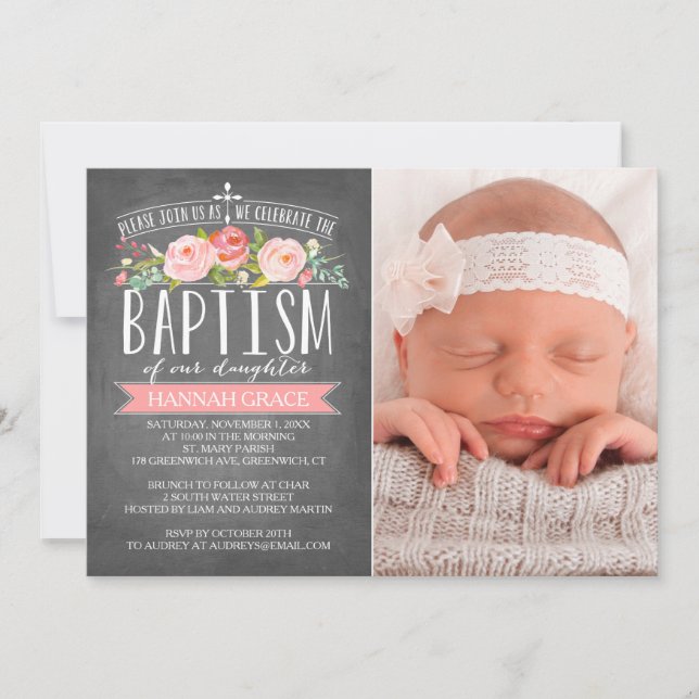 Rose Banner Chalkboard Pink Baptism Invitation (Front)