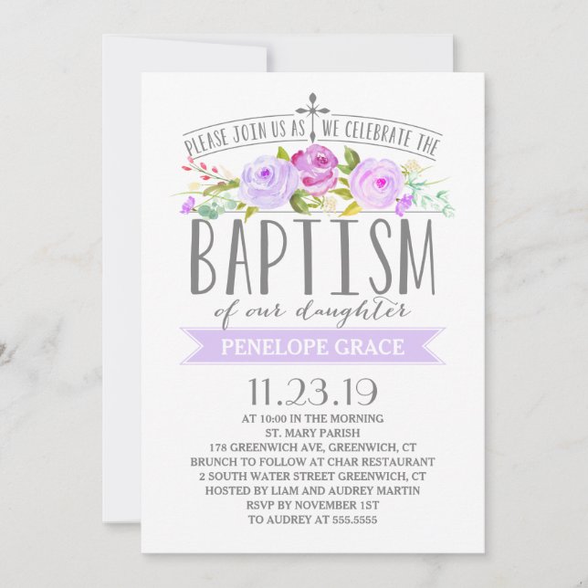 Rose Banner | Girl Baptism Invitation | Purple (Front)