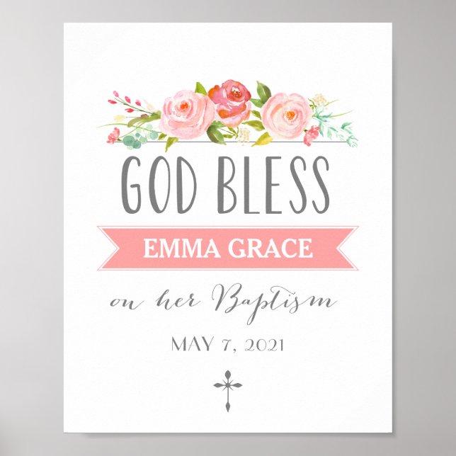 Rose Banner | God Bless | Pink Baptism Sign (Front)
