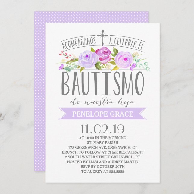 Rose Banner Purple | Spanish Bautismo Invitation (Front/Back)