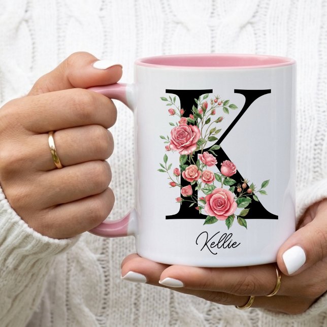 Rose Birthday Flower Gift, Monogram Initial Name Mug (Creator Uploaded)