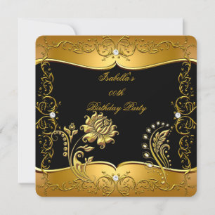 Rose Black Gold Diamond Floral Birthday Party 2 Invitation