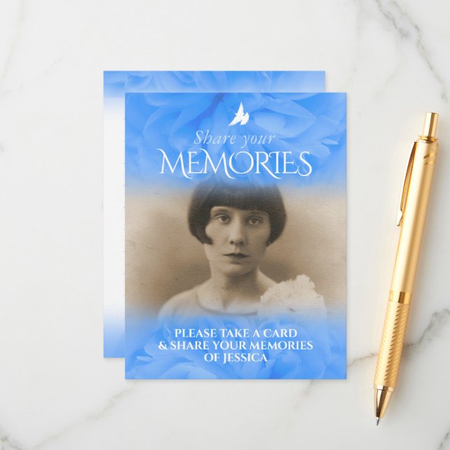 Rose blue funeral share your memories card (Front/Back In Situ)
