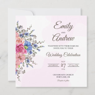 Rose Blue Wildflower Watercolor Square Wedding Invitation