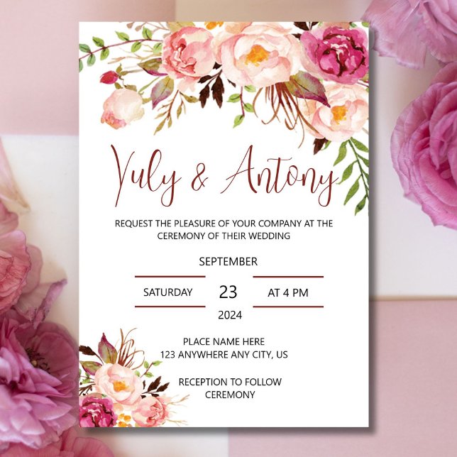 Rose blush fñlowers Watercolor Wedding Invite (Tarjeta acuarela de rosas )