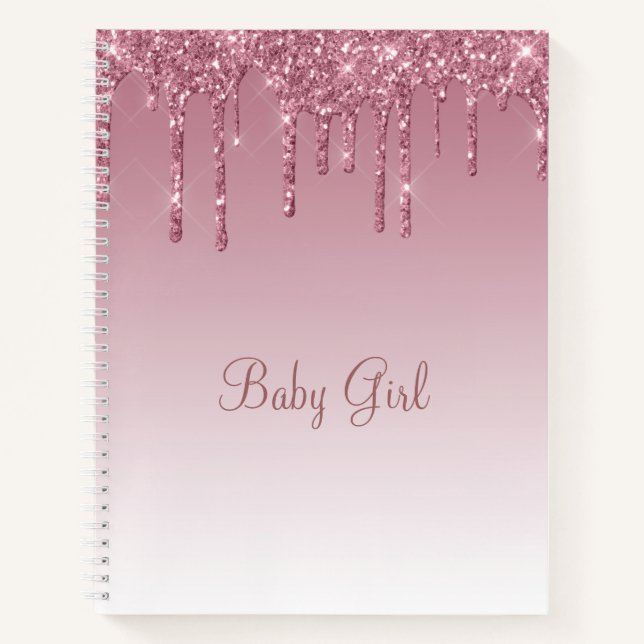 Rose Blush Glitter Baby Girl Script Elegant Pretty Notebook (Front)