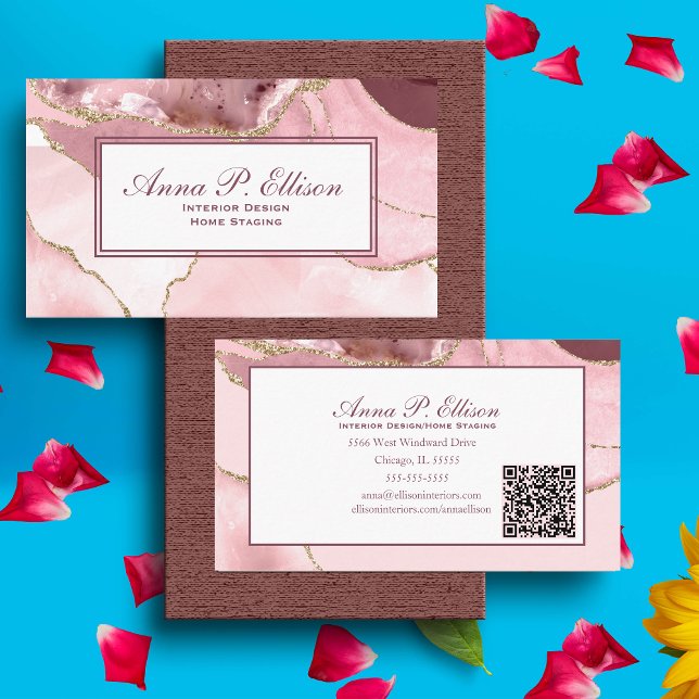 Rose Blush &Gold Glitter Agate QR Code Business Card (Creator Uploaded)