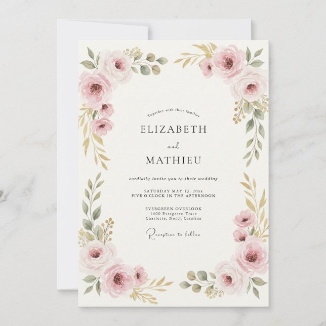 Rose Blush Gold Peony Wedding Invitation (Front)