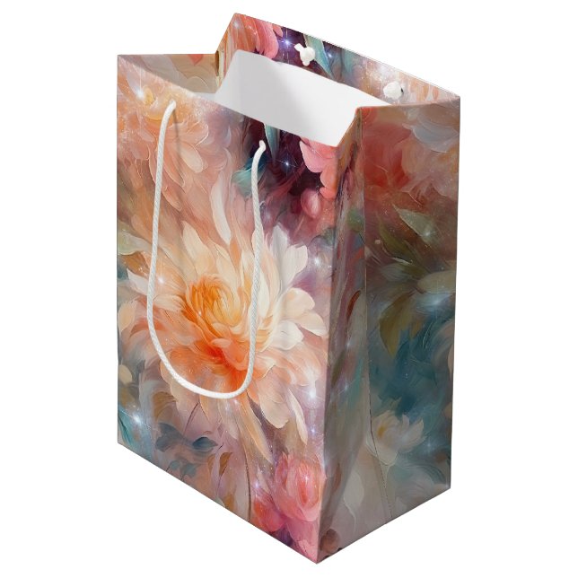 Rose Blush Peach Orange Floral Wedding Medium Gift Bag (Front Angled)