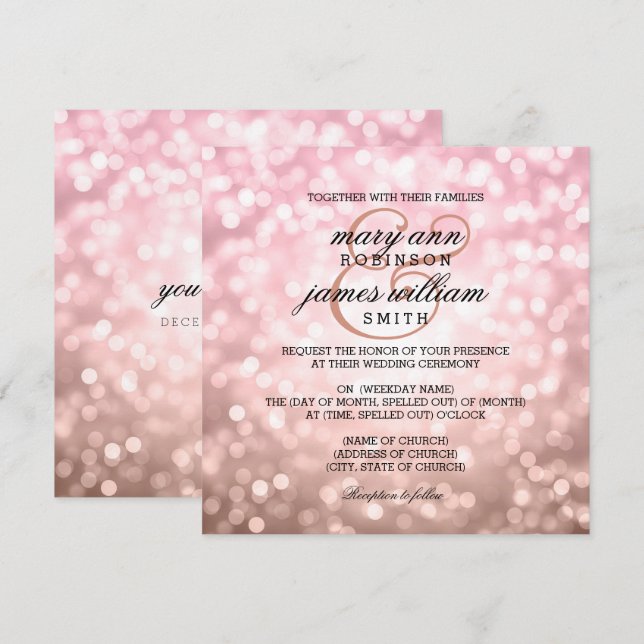 Rose Blush Pink Bokeh Lights Summer Wedding Invitation (Front/Back)