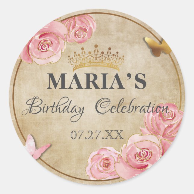 Rose Blush Pink Butterfly Crown Gold Quinceanera Classic Round Sticker (Front)